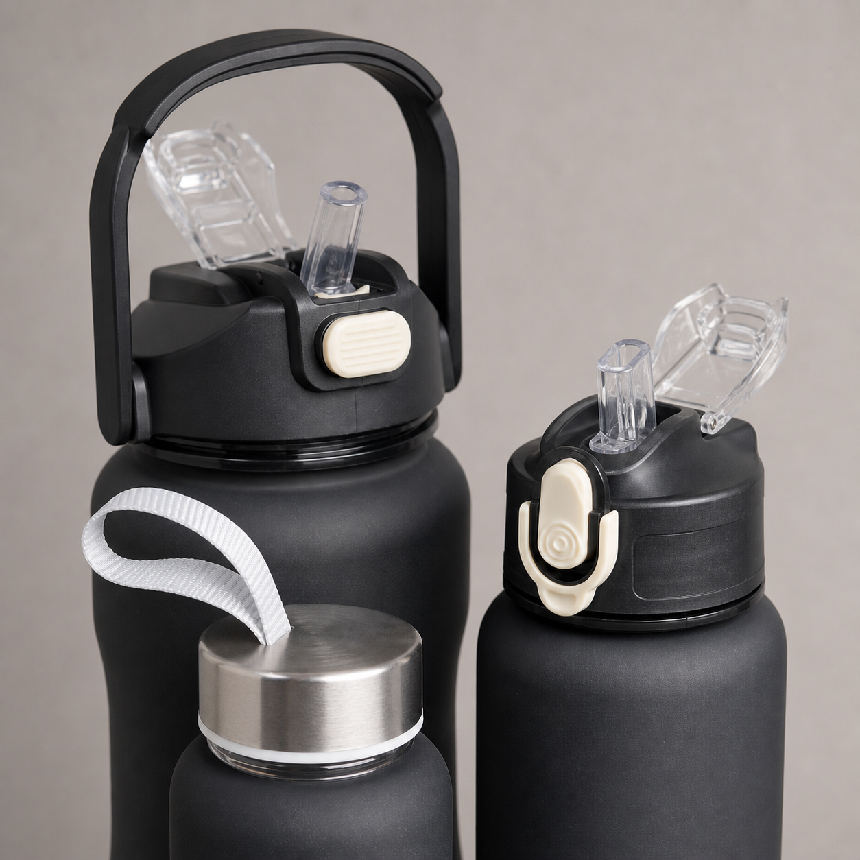 Bottles 3-in-1 black shaker set - lids and details