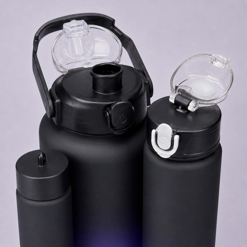 Bottles 3-in-1 shaker set Black Purple - lids and details
