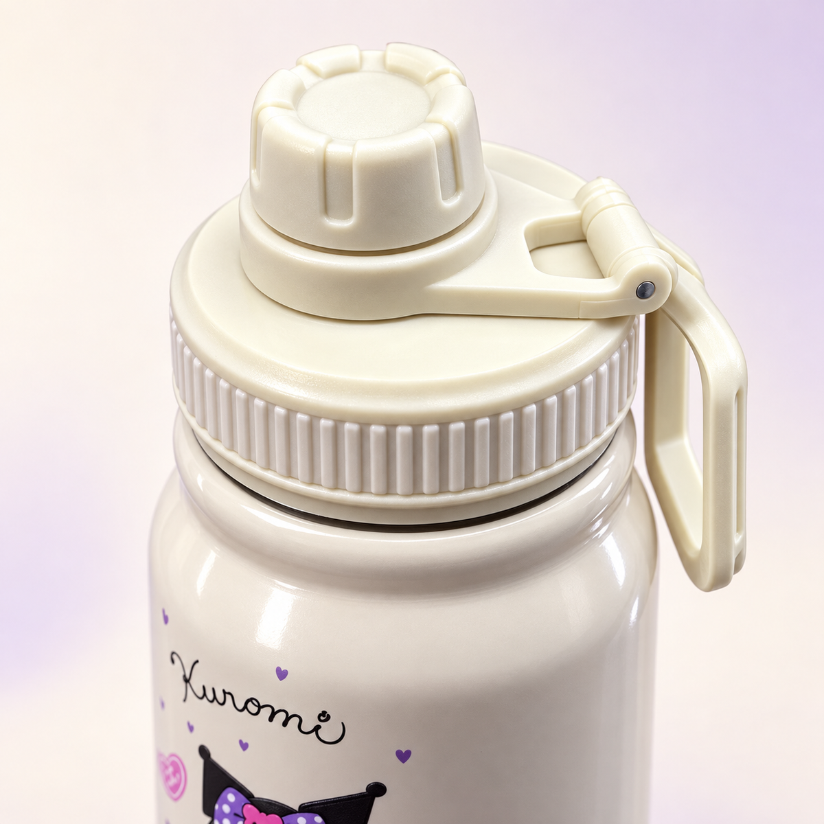 Kuromi Beige Stainless Steel Bottle 800ml lid and handle detail