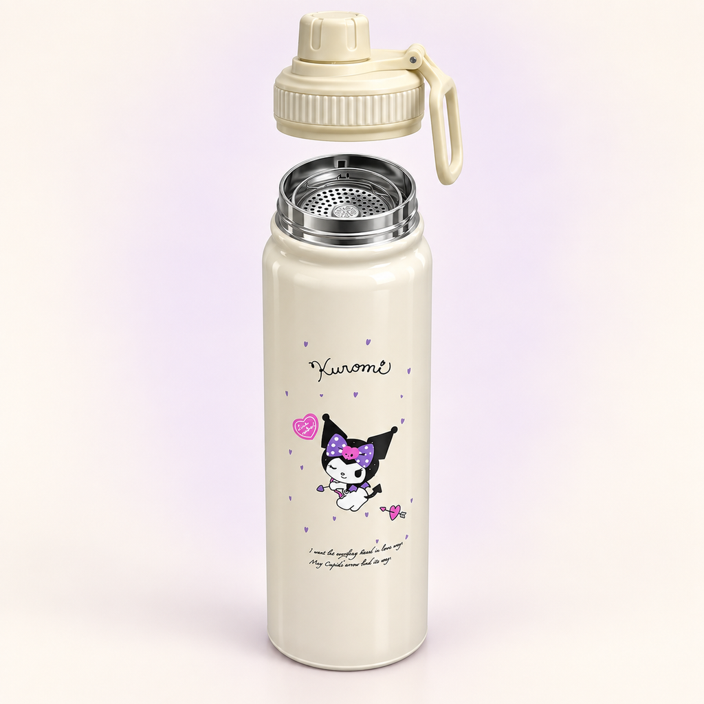 Kuromi Beige Stainless Steel Bottle 800ml open view with inner strainer