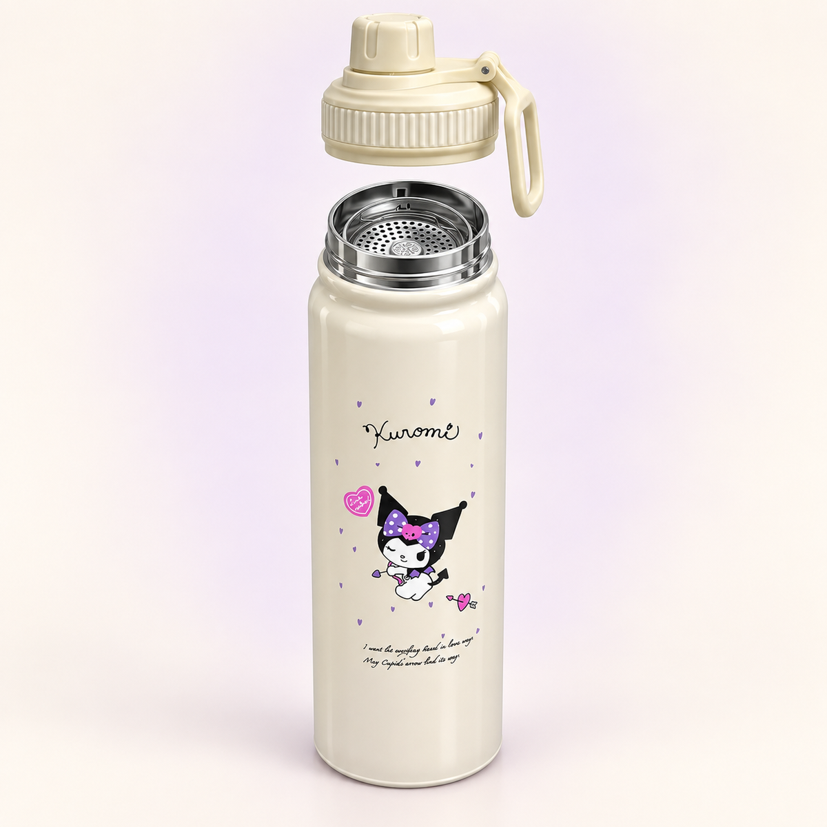 Kuromi Beige Stainless Steel Bottle 800ml open view with inner strainer