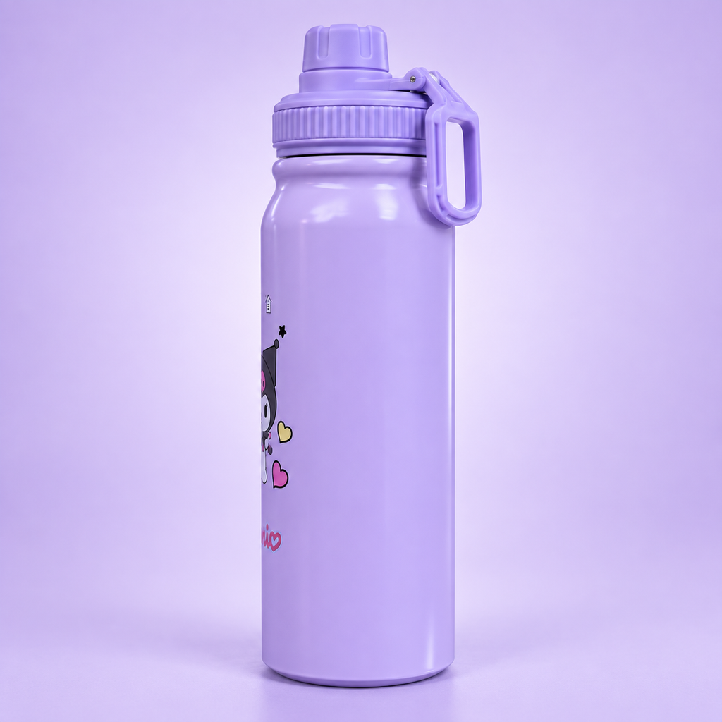 Kuromi Lavender Stainless Steel Bottle 800ml angled view