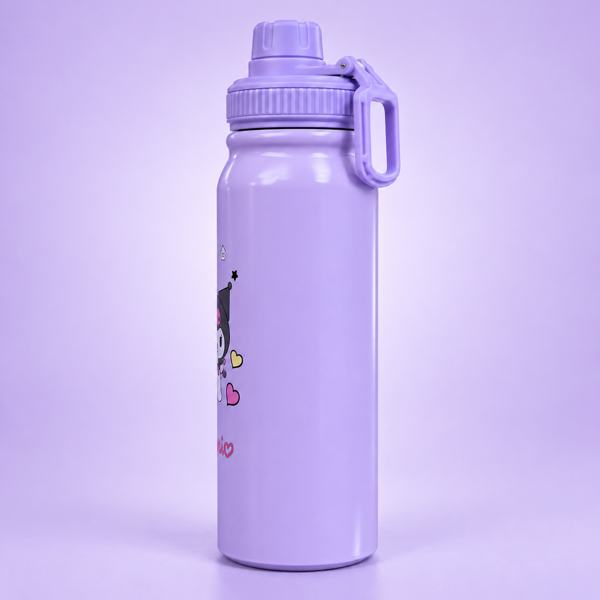 Kuromi Lavender Stainless Steel Bottle 800ml angled view