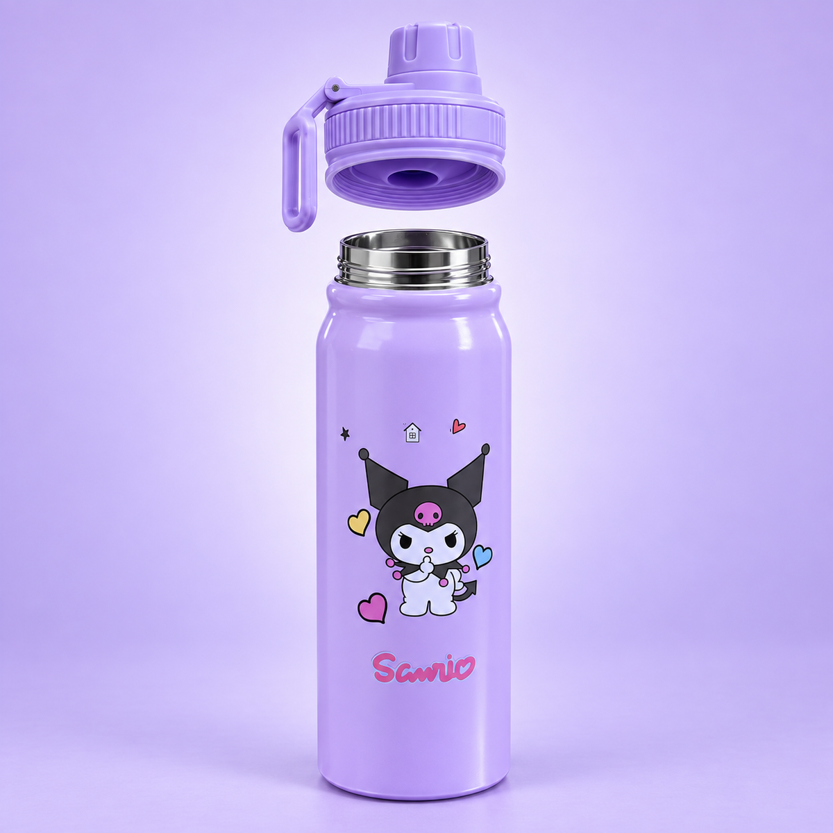 Kuromi Lavender Stainless Steel Bottle 800ml open view