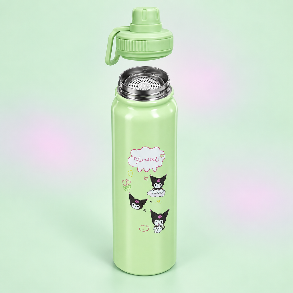 Kuromi Mint Green 800ml bottle open with stainless steel strainer