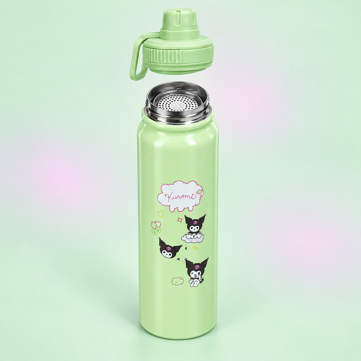 Kuromi Mint Green 800ml bottle open with stainless steel strainer