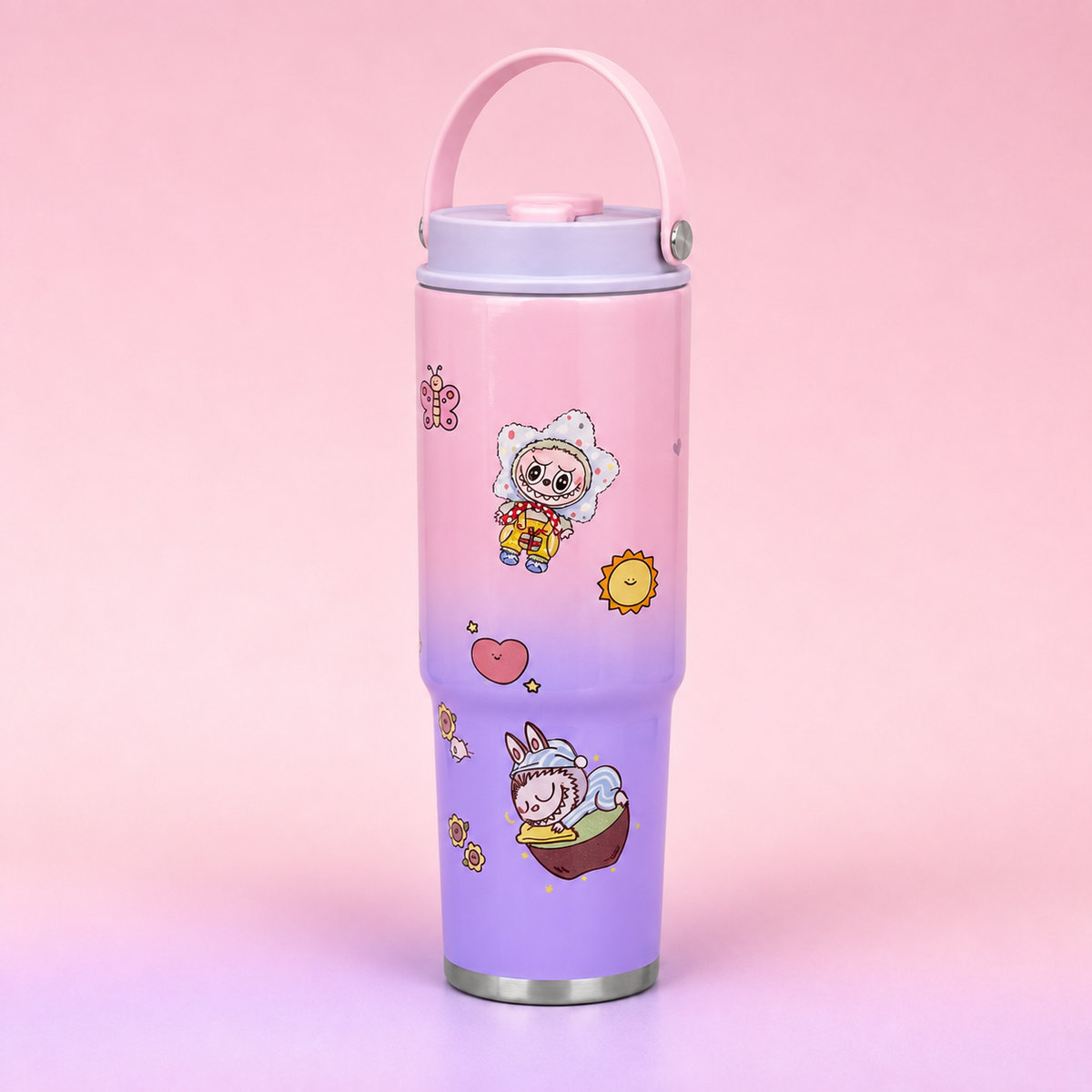 Labubu Stainless Steel Bottle 900ml Baby Pink Purple reverse design