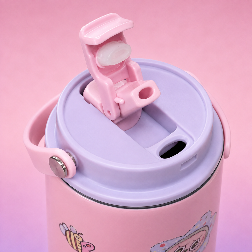 Labubu Stainless Steel Bottle 900ml Baby Pink Purple drinking lid detail