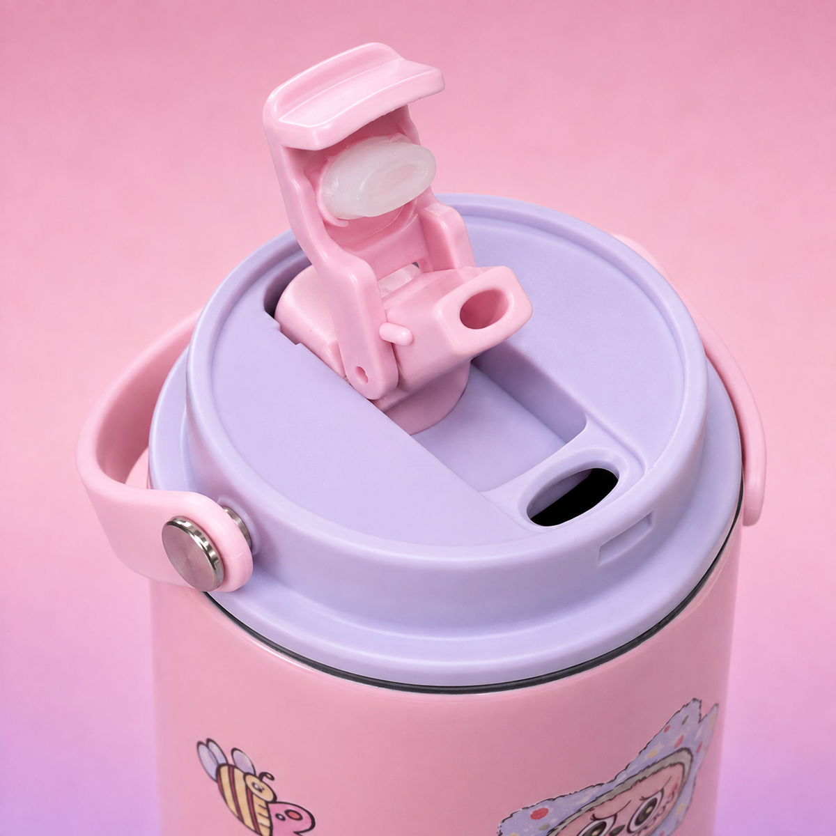 Labubu Stainless Steel Bottle 900ml Baby Pink Purple drinking lid detail