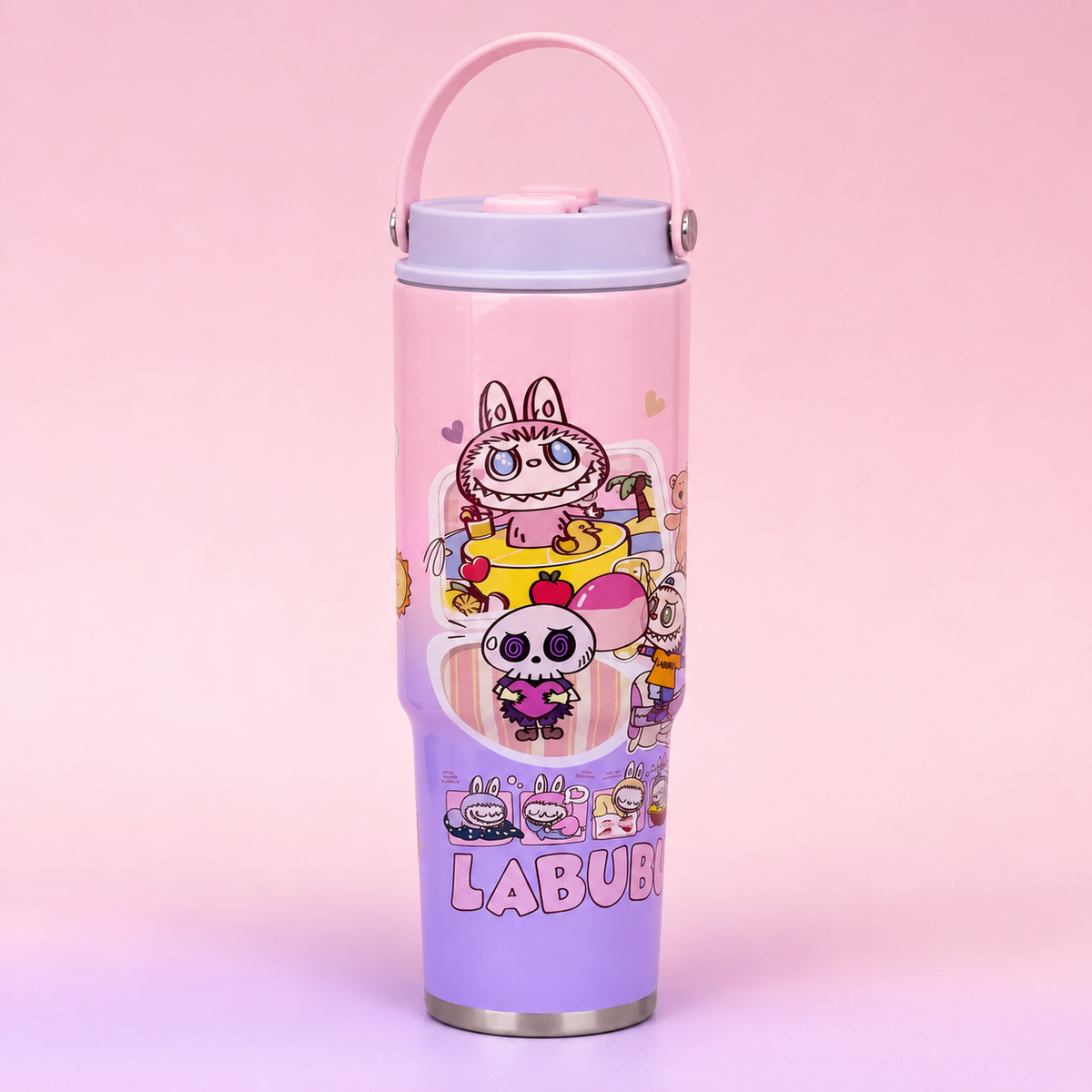 Labubu Stainless Steel Bottle 900ml Baby Pink Purple front view