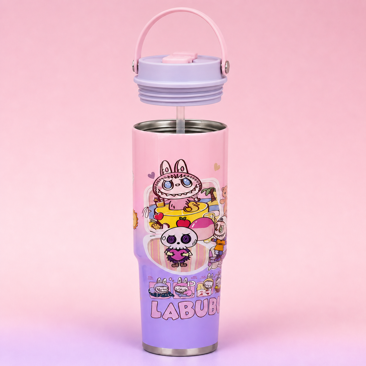 Labubu Stainless Steel Bottle 900ml Baby Pink Purple with lid and straw