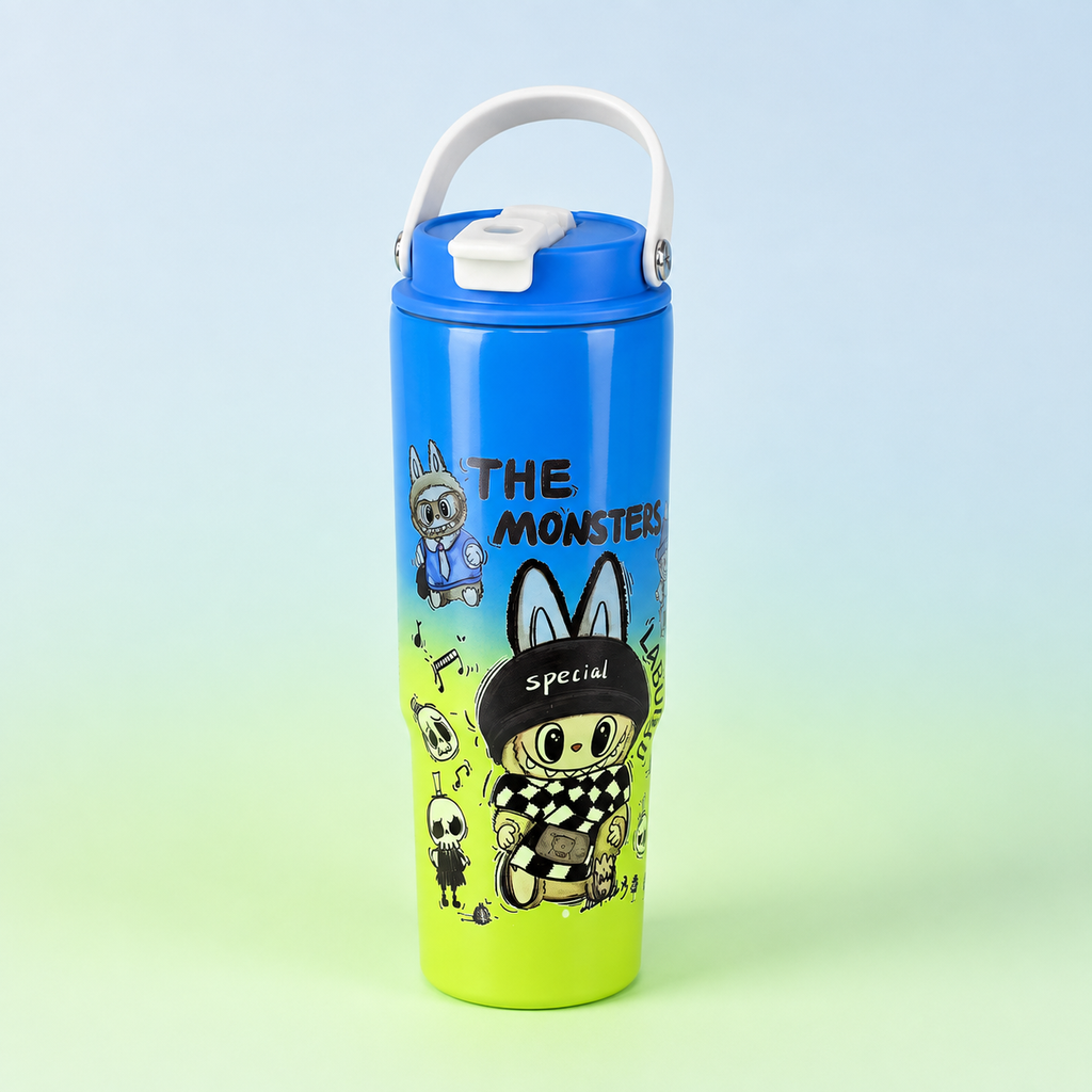 Labubu Stainless Steel Bottle 900ml Blue Green front view