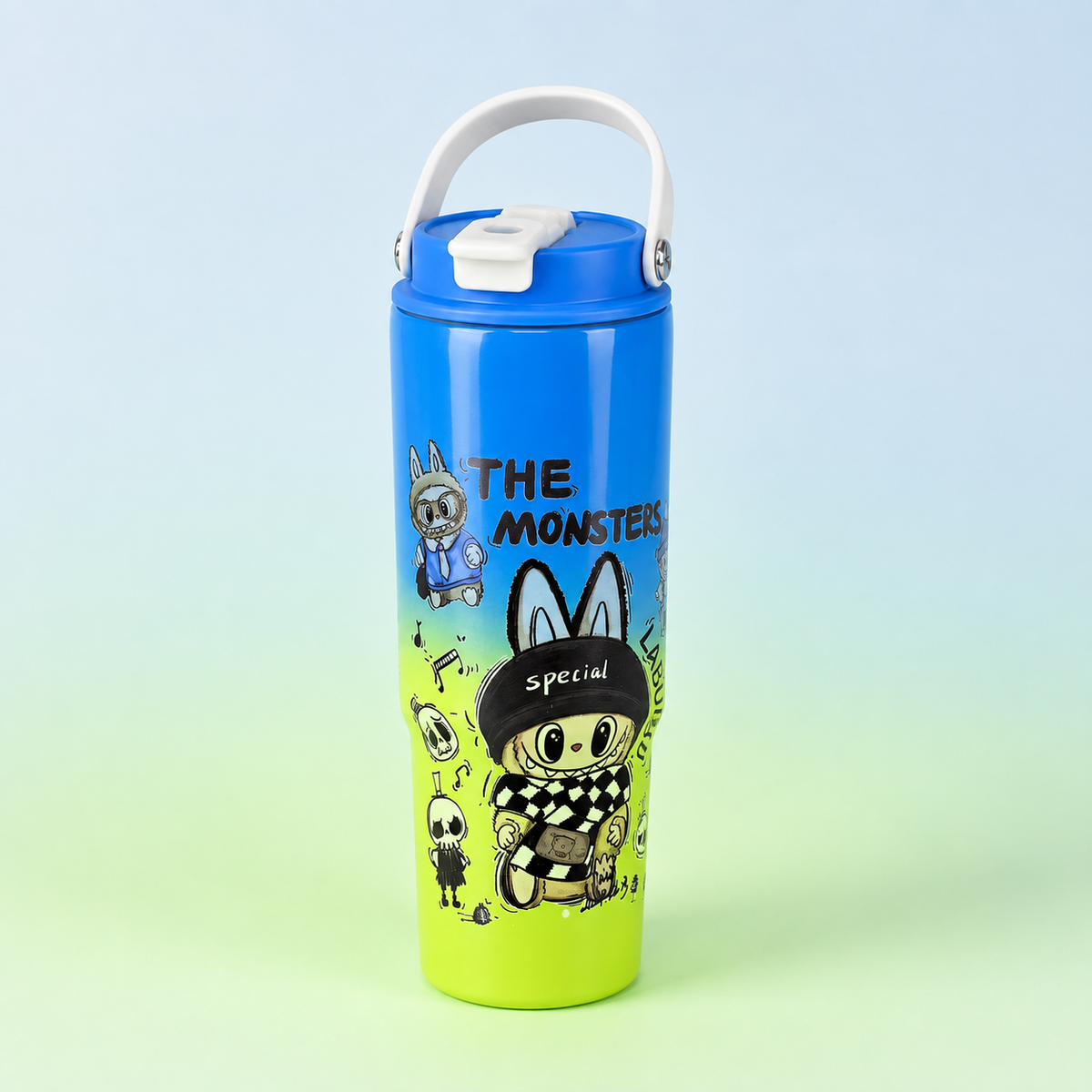 Labubu Stainless Steel Bottle 900ml Blue Green front view
