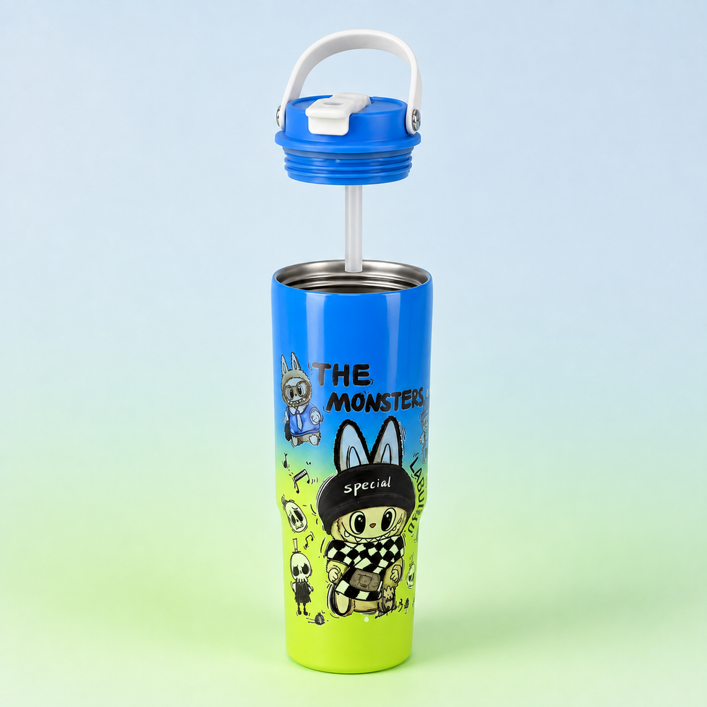 Labubu Stainless Steel Bottle 900ml Blue Green with lid and straw