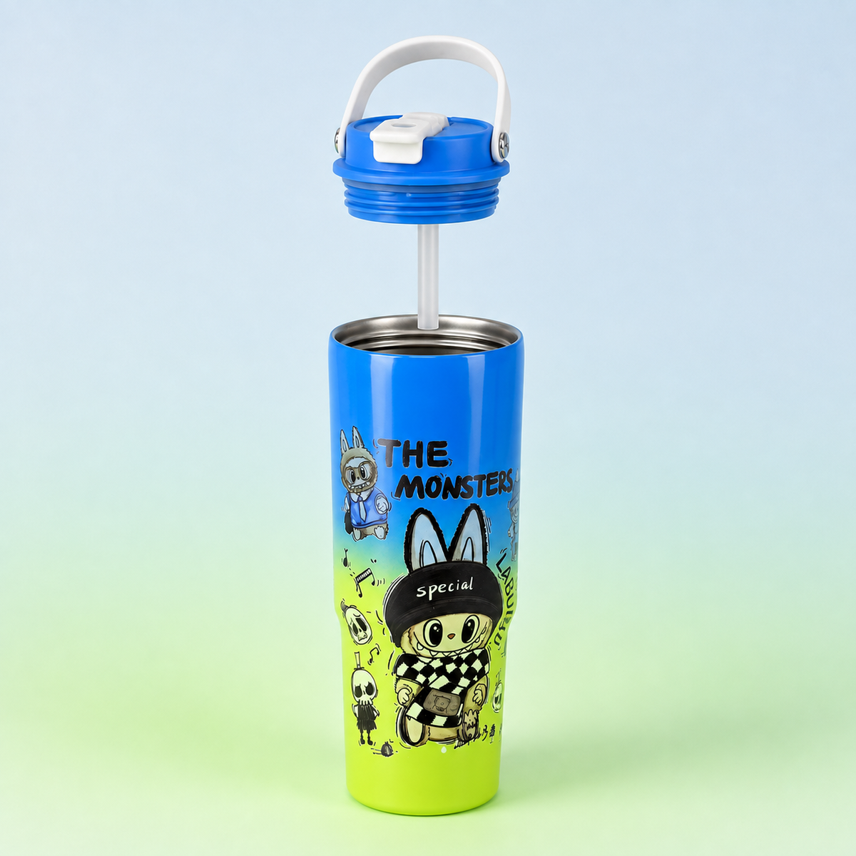Labubu Stainless Steel Bottle 900ml Blue Green with lid and straw