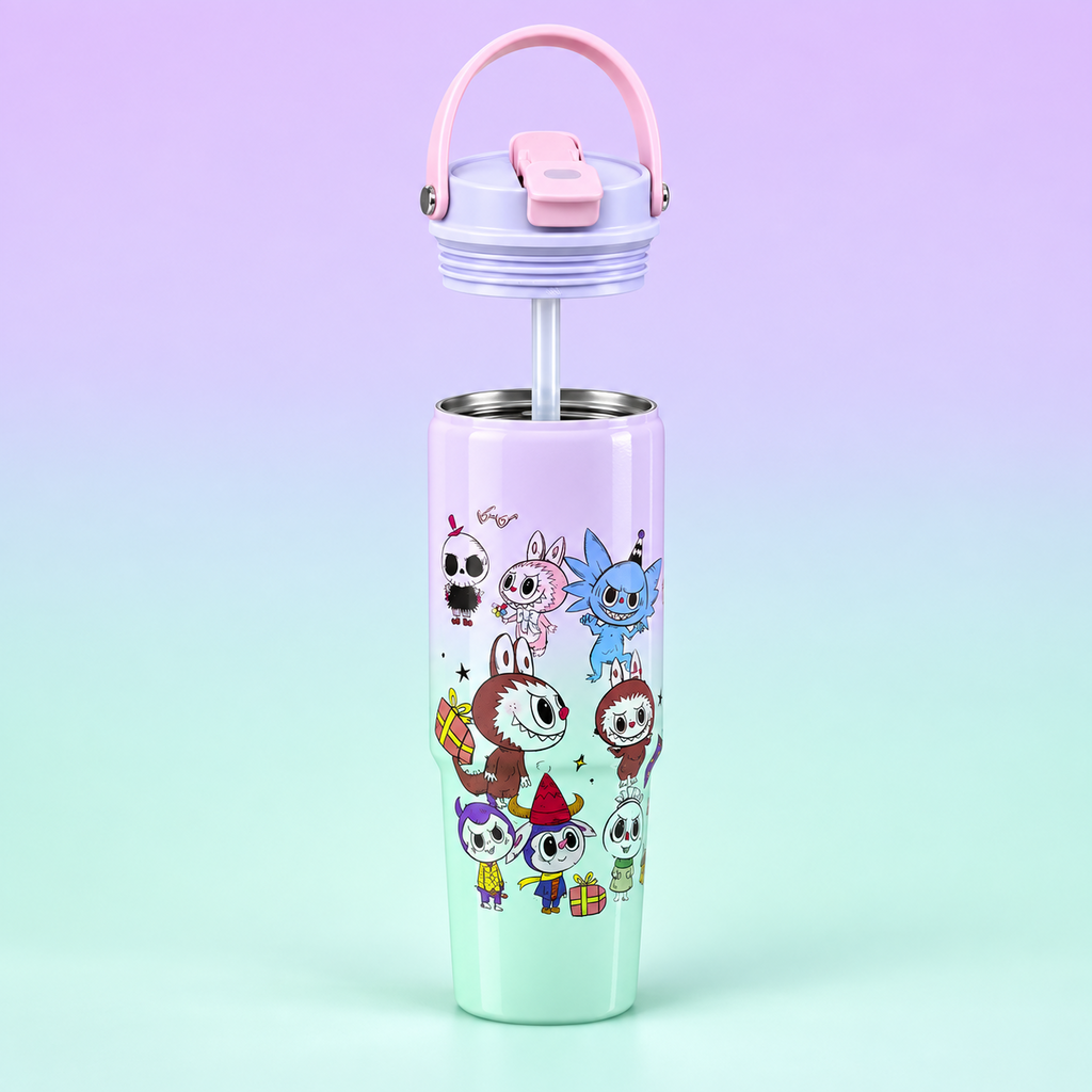 Labubu 900ml Lavender Turquoise Friends bottle stainless steel interior and straw