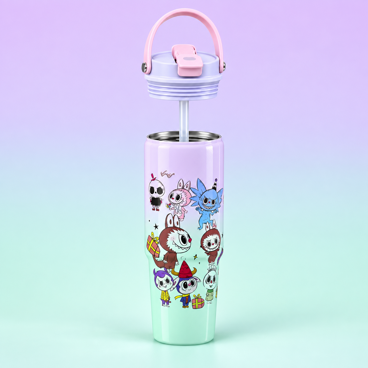 Labubu 900ml Lavender Turquoise Friends bottle stainless steel interior and straw