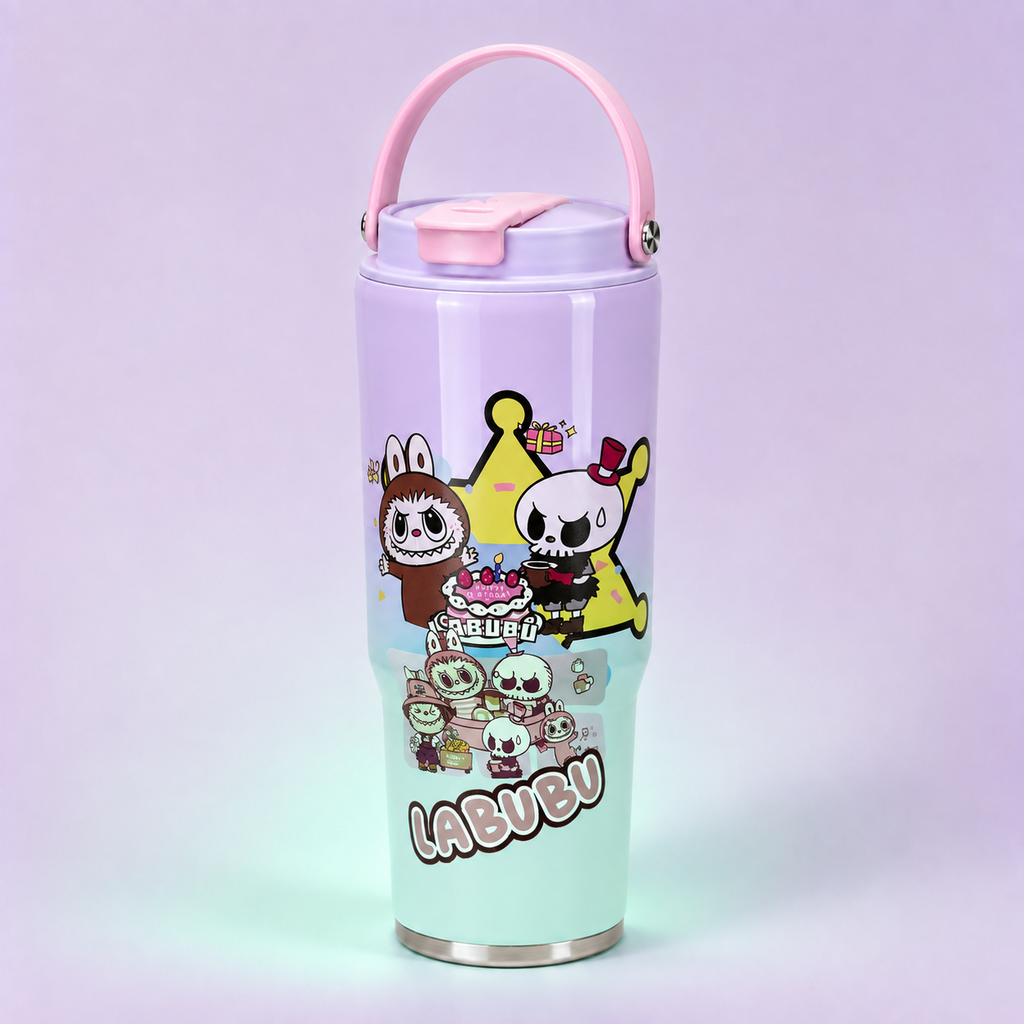 Labubu Stainless Steel Bottle 900ml Lavender Turquoise Star reverse design