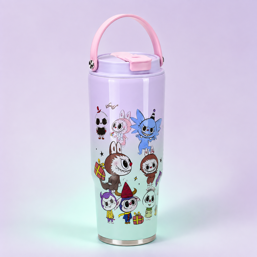 Labubu Stainless Steel Bottle 900ml Lavender Turquoise Star front view