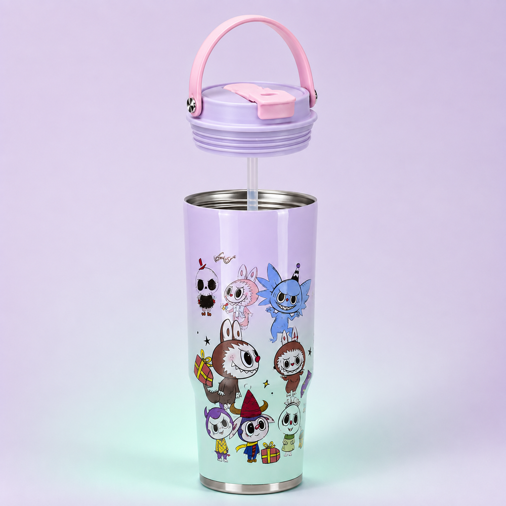 Labubu Stainless Steel Bottle 900ml Lavender Turquoise Star with lid and straw