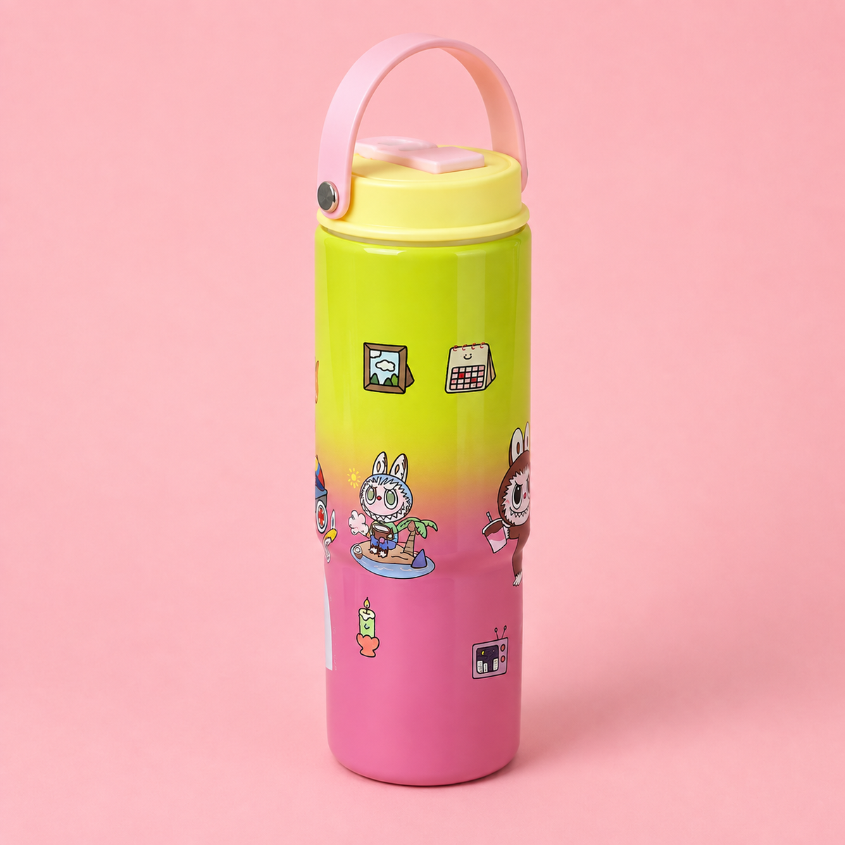 Labubu Stainless Steel Bottle 900ml Pink Green back view