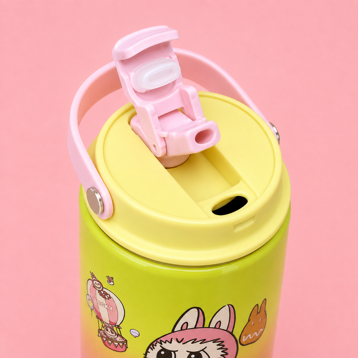 Labubu Stainless Steel Bottle 900ml Pink Green drinking lid detail