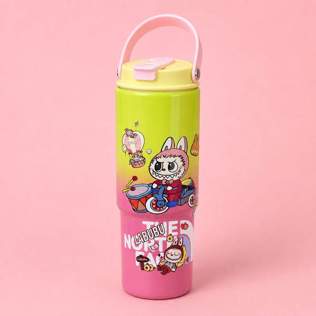 Labubu Stainless Steel Bottle 900ml Pink Green front view