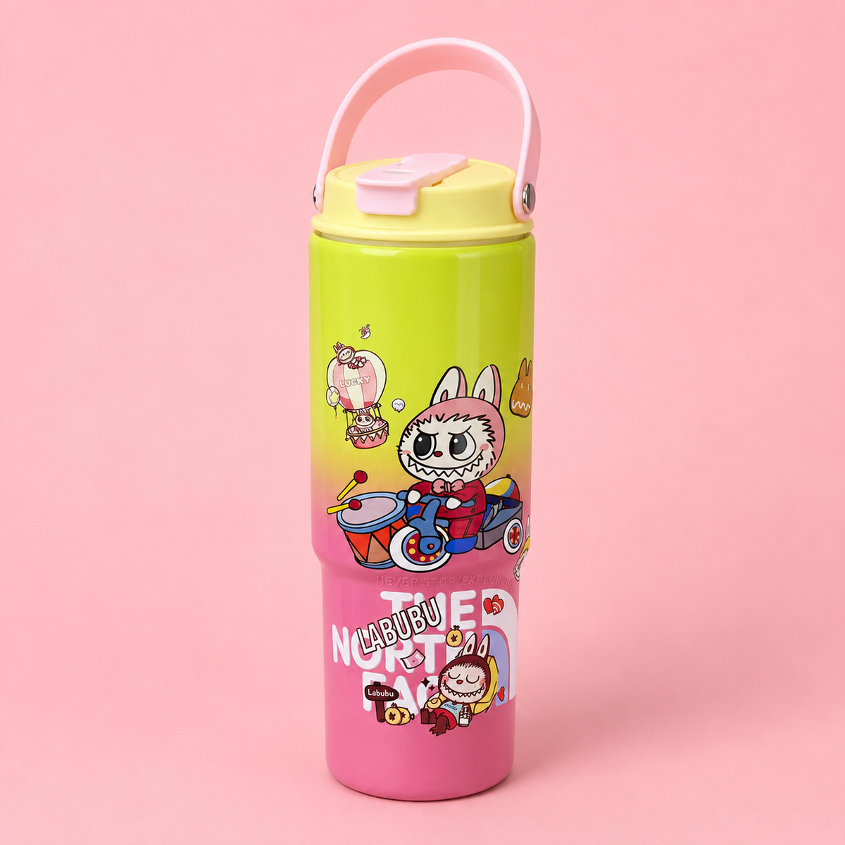 Labubu Stainless Steel Bottle 900ml Pink Green front view