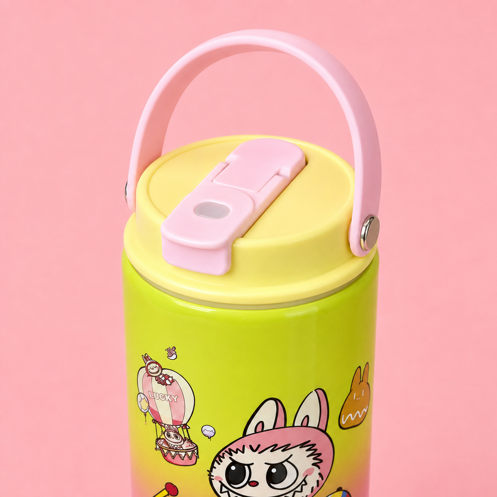 Labubu Stainless Steel Bottle 900ml Pink Green lid detail