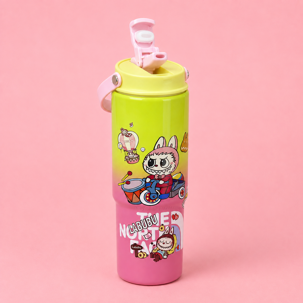 Labubu Stainless Steel Bottle 900ml Pink Green with lid open