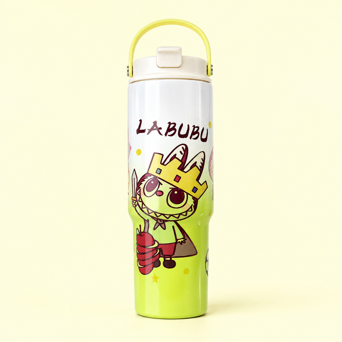Labubu Stainless Steel Bottle 900ml White Yellow front view