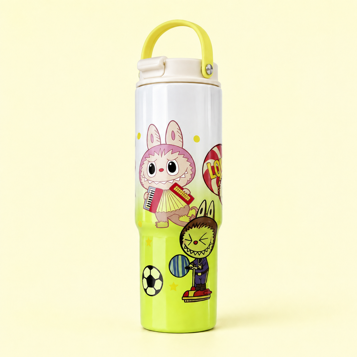 Labubu Stainless Steel Bottle 900ml White Yellow side view