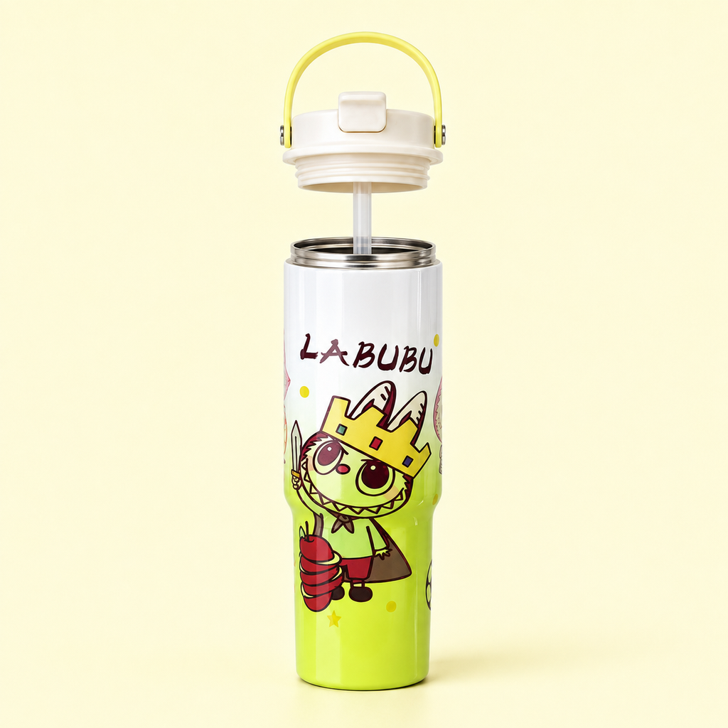 Labubu Stainless Steel Bottle 900ml White Yellow with lid and straw