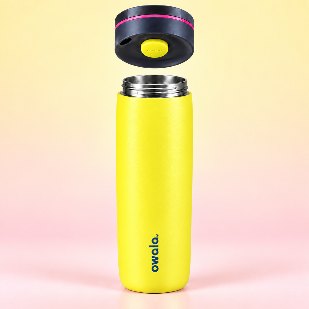 Owala SmoothSip Slider 590ml Yellow open stainless steel cup