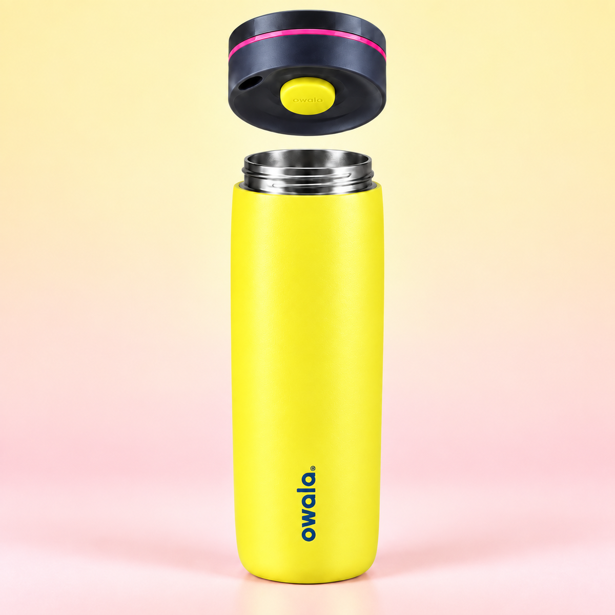 Owala SmoothSip Slider 590ml Yellow open stainless steel cup