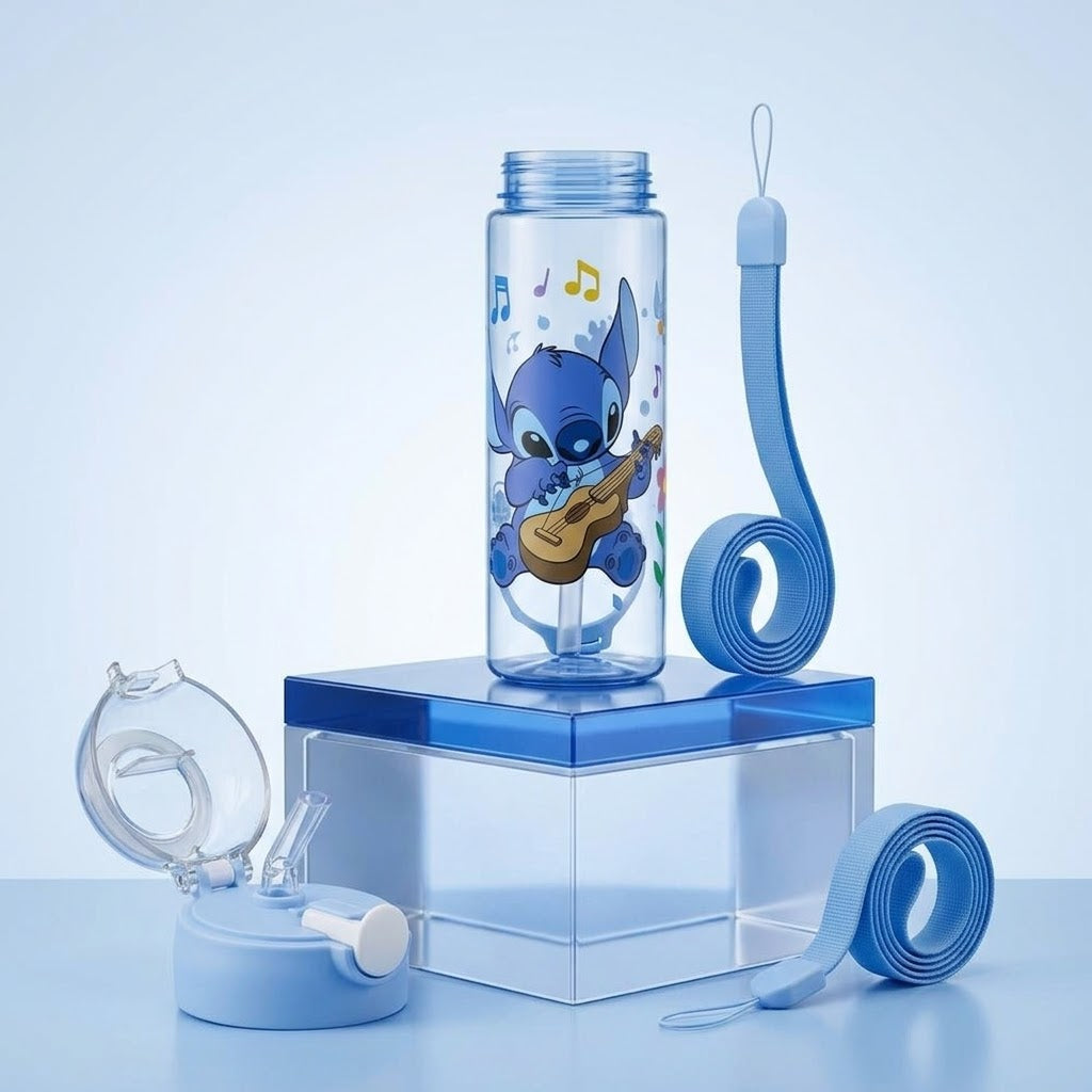 Stitch Shaker 900ml Blue bottle, lid and carry strap parts